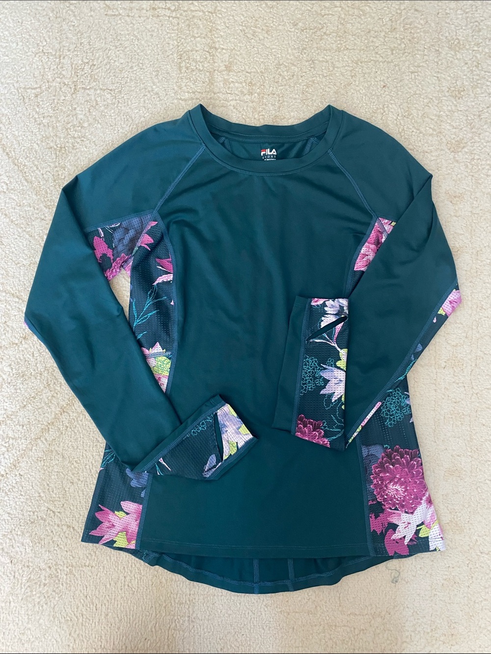 FILA Sport Teal Long-Sleeve Athletic Top with Pink Floral Mesh Panels